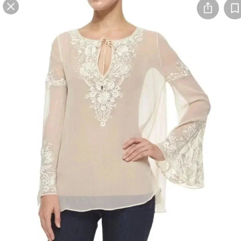 Haute Hippie Floral Peasant Blouse Antique Ivory - Picture 10 of 11